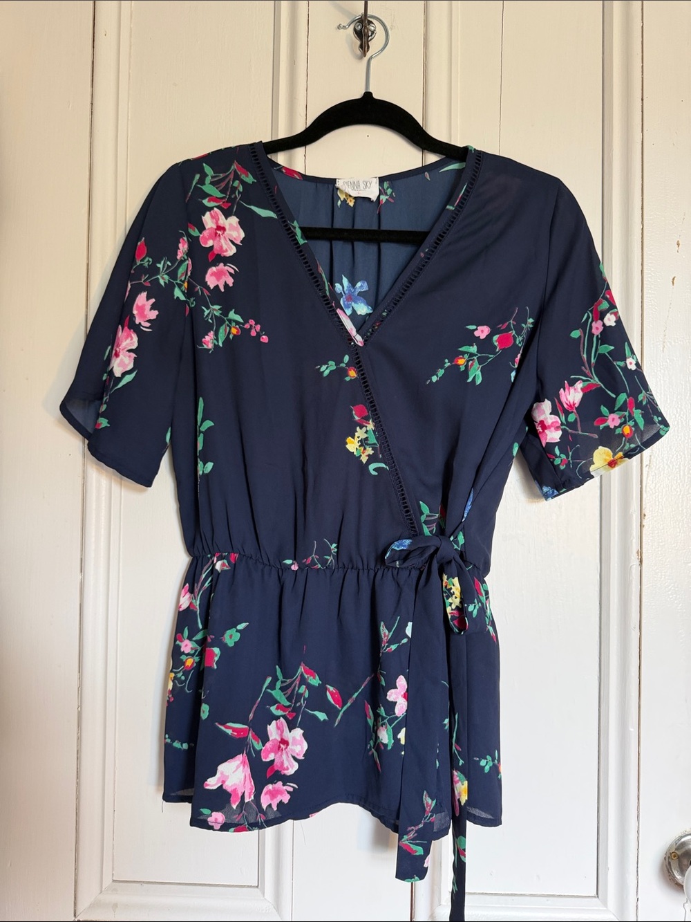 Sienna Sky Floral Tie-Waist V-Neck Top - Navy with Pink Floral